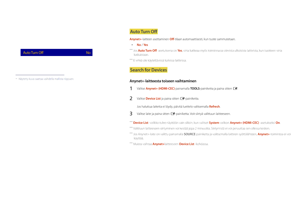 Samsung LH55DMDPLGC/EN, LH40DMDPLGC/EN, LH32DMDPLGC/EN manual Anynet+ HDMI-CEC, Auto Turn Off, Search for Devices, No / Yes 