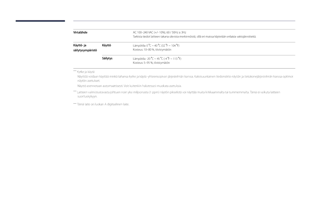 Samsung LH75DMDPLGC/EN, LH40DMDPLGC/EN, LH32DMDPLGC/EN, LH55DMDPLGC/EN manual Virtalähde, Käyttö- ja, Säilytysympäristö 