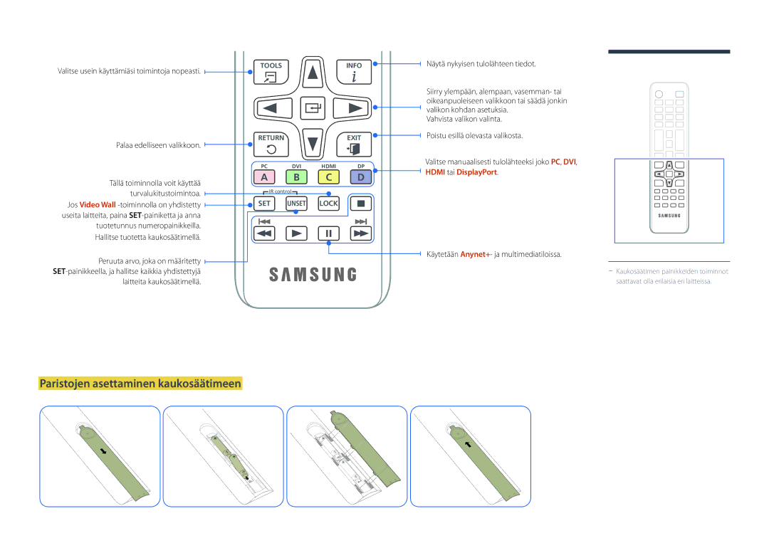 Samsung LH75DMDPLGC/EN manual Paristojen asettaminen kaukosäätimeen, Valitse usein käyttämiäsi toimintoja nopeasti 