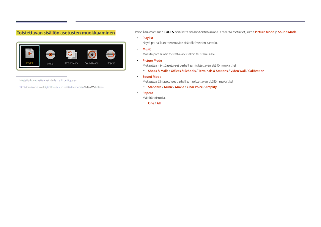 Samsung LH75DMDPLGC/EN, LH40DMDPLGC/EN manual Toistettavan sisällön asetusten muokkaaminen, Playlist, Music, Picture Mode 