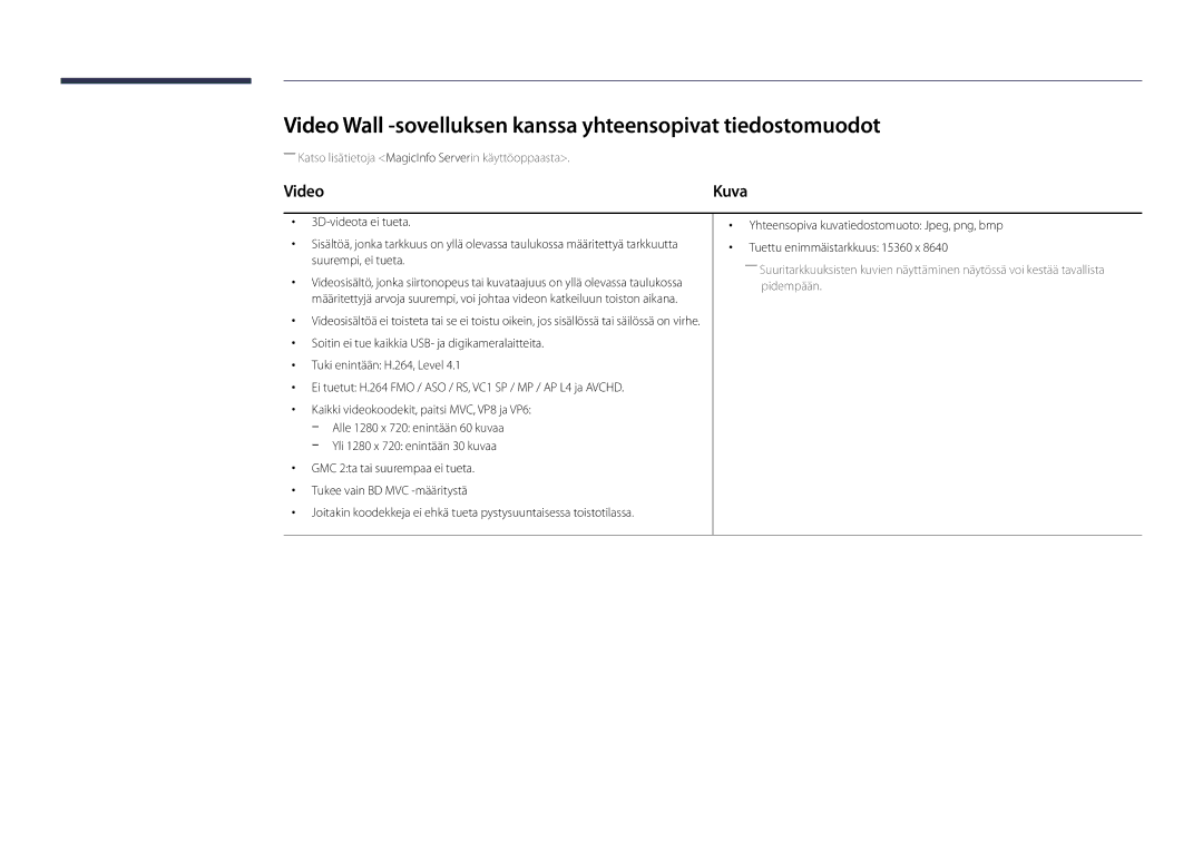 Samsung LH40DMDPLGC/EN, LH32DMDPLGC/EN, LH55DMDPLGC/EN manual Video Wall -sovelluksen kanssa yhteensopivat tiedostomuodot 