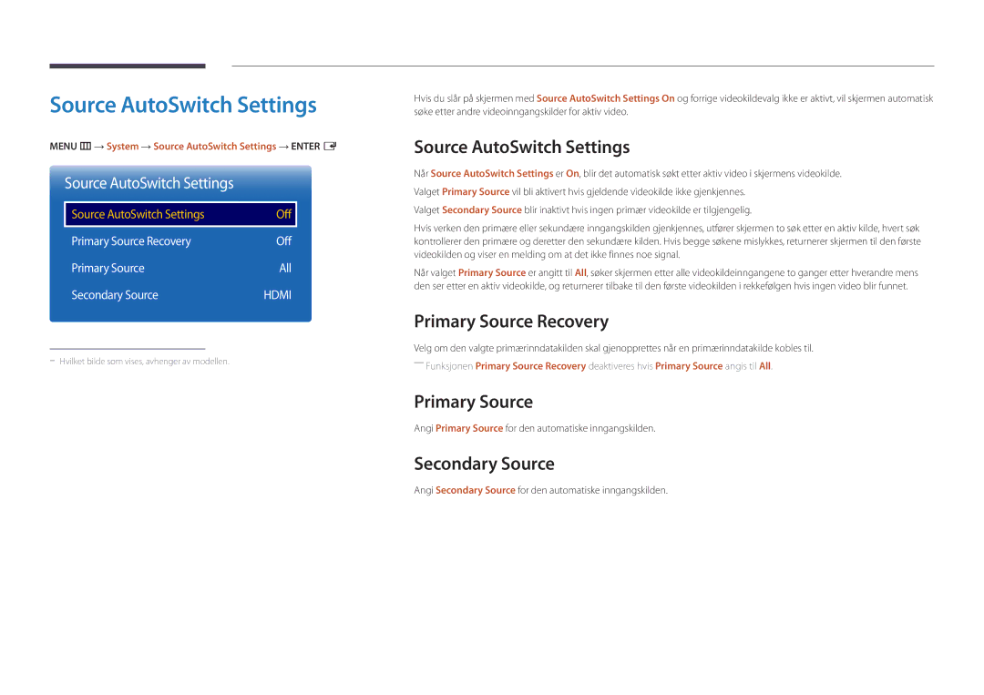 Samsung LH55DMDPLGC/EN, LH40DMDPLGC/EN manual Source AutoSwitch Settings, Primary Source Recovery, Secondary Source 