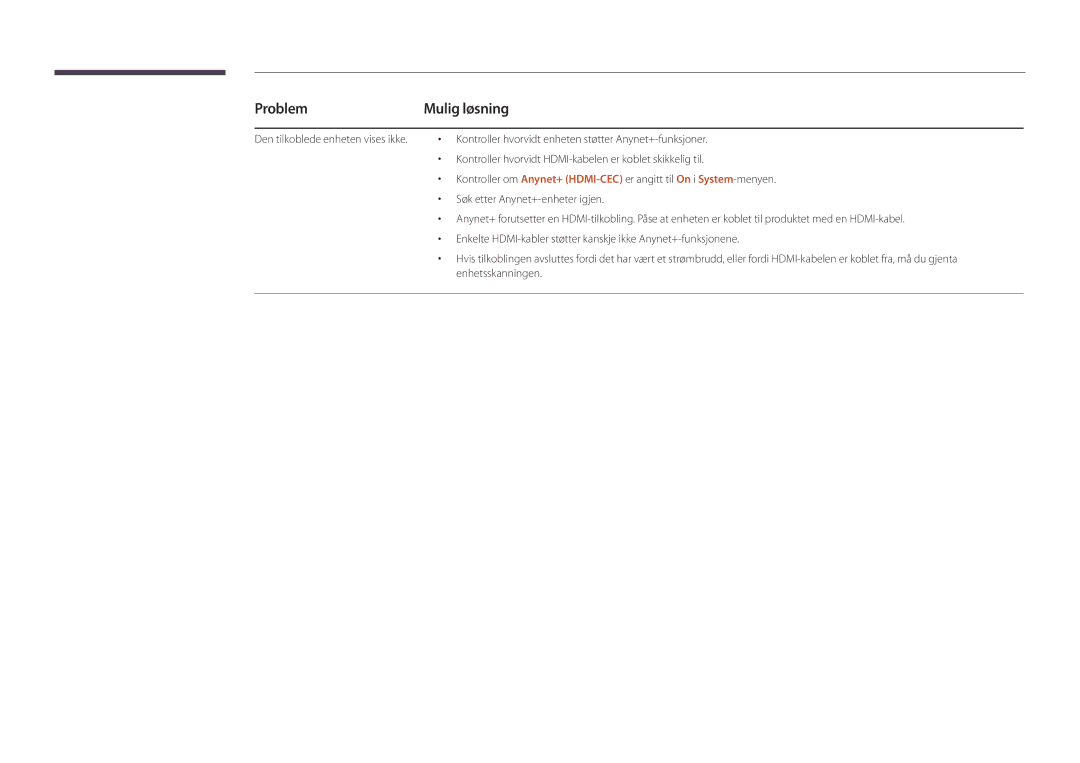 Samsung LH75DMDPLGC/EN, LH40DMDPLGC/EN, LH32DMDPLGC/EN, LH55DMDPLGC/EN, LH48DMDPLGC/EN manual Problem, Mulig løsning 