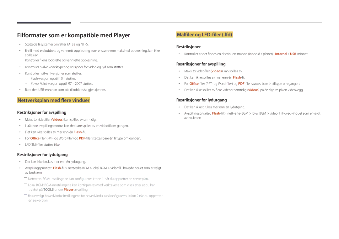Samsung LH40DMDPLGC/EN, LH32DMDPLGC/EN manual Filformater som er kompatible med Player, Nettverksplan med flere vinduer 