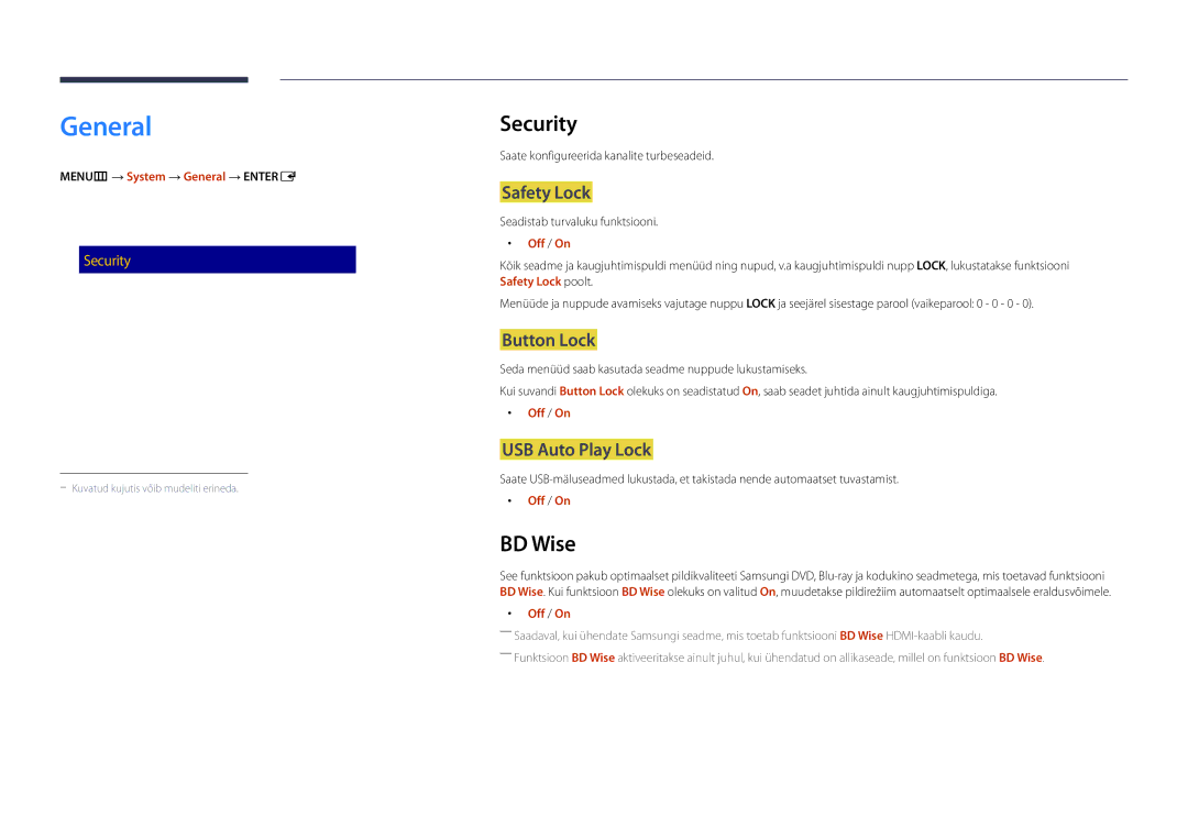 Samsung LH40DMDPLGC/EN, LH32DMDPLGC/EN, LH55DMDPLGC/EN, LH48DMDPLGC/EN, LH75DMDPLGC/EN manual General, Security, BD Wise 