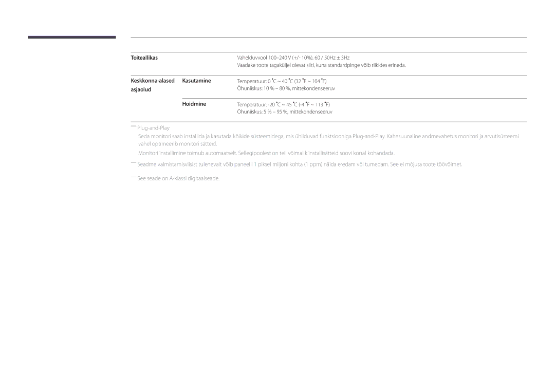 Samsung LH75DMDPLGC/EN, LH40DMDPLGC/EN, LH32DMDPLGC/EN manual Toiteallikas, Keskkonna-alased Kasutamine, Asjaolud, Hoidmine 