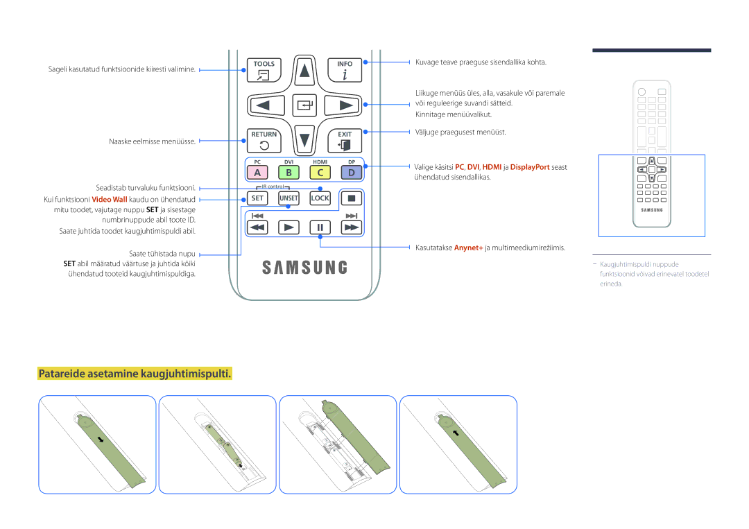 Samsung LH75DMDPLGC/EN manual Patareide asetamine kaugjuhtimispulti, Sageli kasutatud funktsioonide kiiresti valimine 