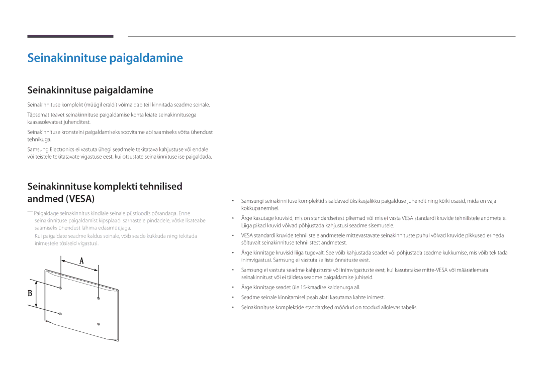 Samsung LH75DMDPLGC/EN, LH40DMDPLGC/EN manual Seinakinnituse paigaldamine, Seinakinnituse komplekti tehnilised andmed Vesa 