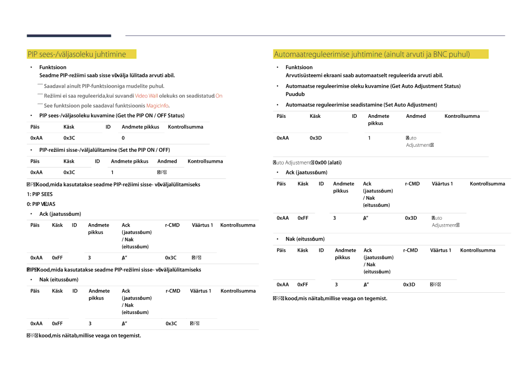 Samsung LH75DMDPLGC/EN manual PIP sees-/väljasoleku juhtimine, Automaatreguleerimise juhtimine ainult arvuti ja BNC puhul 