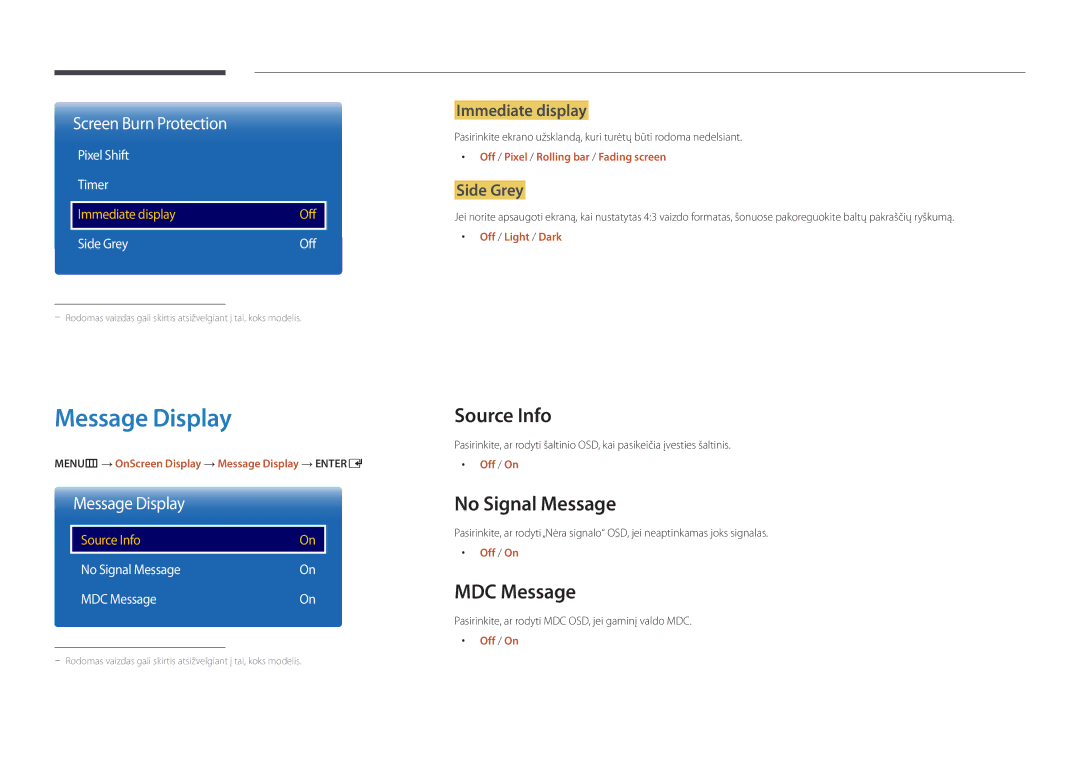 Samsung LH55DMDPLGC/EN, LH40DMDPLGC/EN, LH32DMDPLGC/EN manual Message Display, Source Info, No Signal Message, MDC Message 