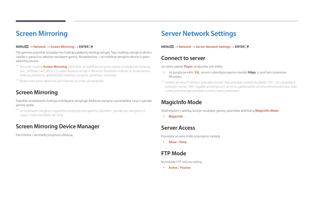 Samsung LH55DMDPLGC/EN, LH40DMDPLGC/EN, LH32DMDPLGC/EN, LH48DMDPLGC/EN manual Screen Mirroring, Server Network Settings 