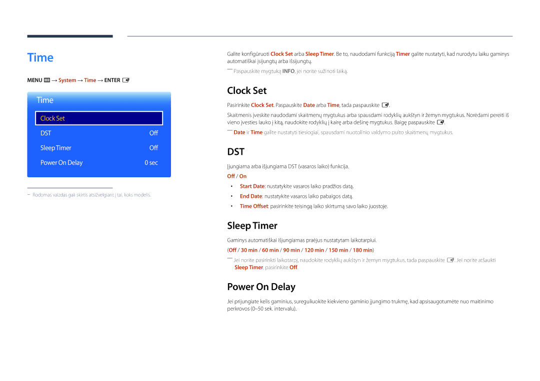 Samsung LH32DMDPLGC/EN, LH40DMDPLGC/EN, LH55DMDPLGC/EN, LH48DMDPLGC/EN manual Clock Set, Sleep Timer, Power On Delay 