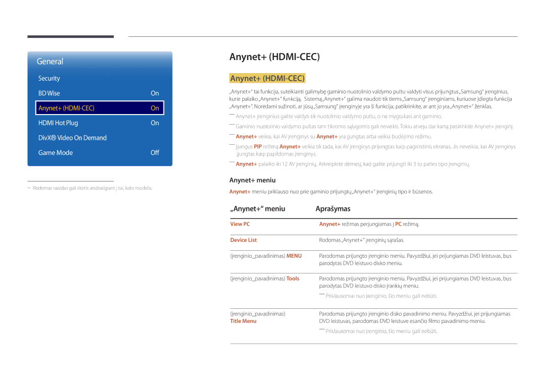 Samsung LH32DMDPLGC/EN, LH40DMDPLGC/EN, LH55DMDPLGC/EN manual Anynet+ HDMI-CEC, „Anynet+ meniu Aprašymas, Security BD Wise 