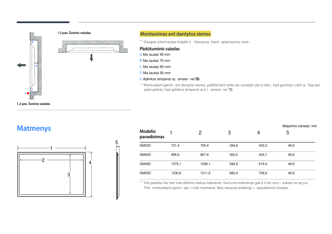 Samsung LH55DMDPLGC/EN manual Matmenys, Montavimas ant dantytos sienos, Plokštuminis vaizdas, Modelio, Matavimo vienetai mm 