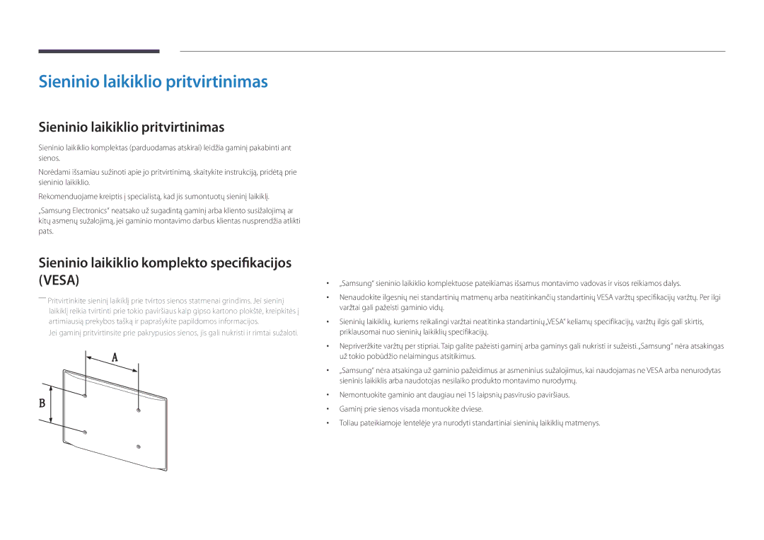 Samsung LH75DMDPLGC/EN, LH40DMDPLGC/EN Sieninio laikiklio pritvirtinimas, Sieninio laikiklio komplekto specifikacijos Vesa 