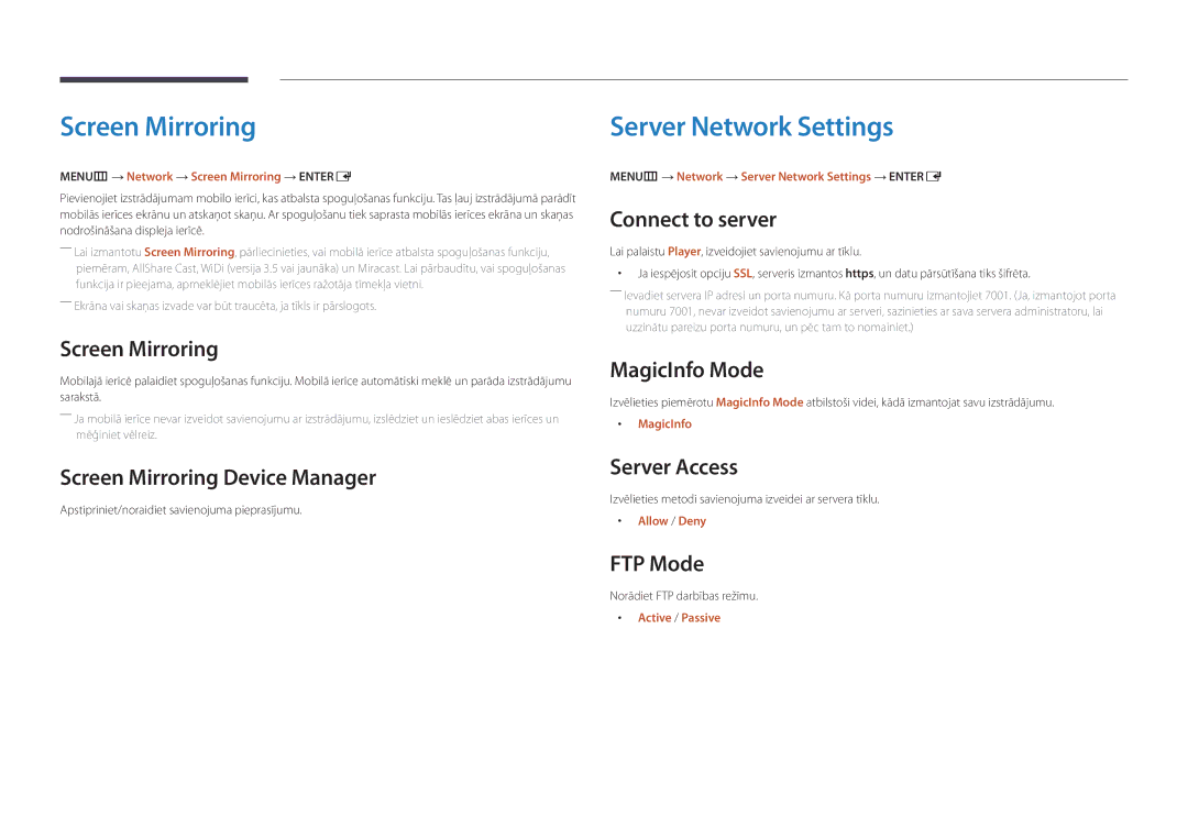 Samsung LH55DMDPLGC/EN, LH40DMDPLGC/EN, LH32DMDPLGC/EN, LH48DMDPLGC/EN manual Screen Mirroring, Server Network Settings 