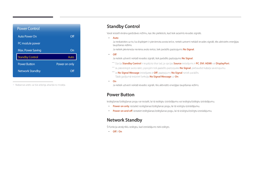 Samsung LH75DMDPLGC/EN Standby Control, Power Button, Network Standby, Auto Power On Off PC module power Max. Power Saving 