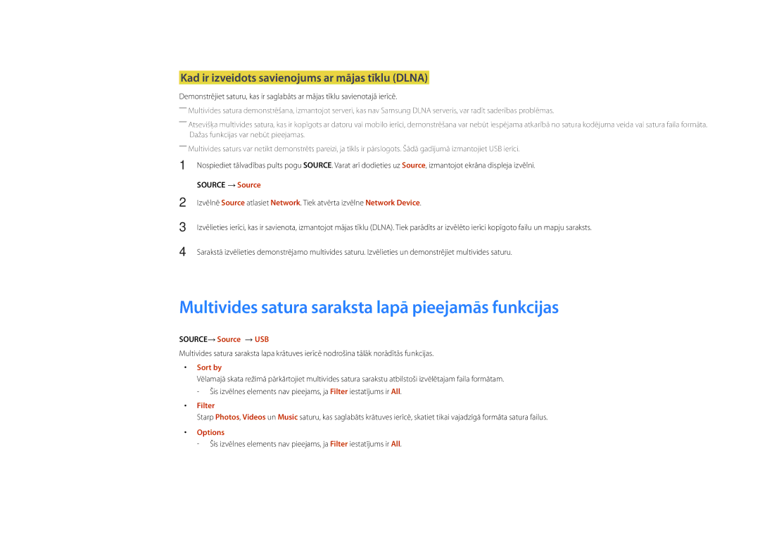 Samsung LH40DMDPLGC/EN, LH32DMDPLGC/EN Multivides satura saraksta lapā pieejamās funkcijas, Source → Source → USB, Filter 