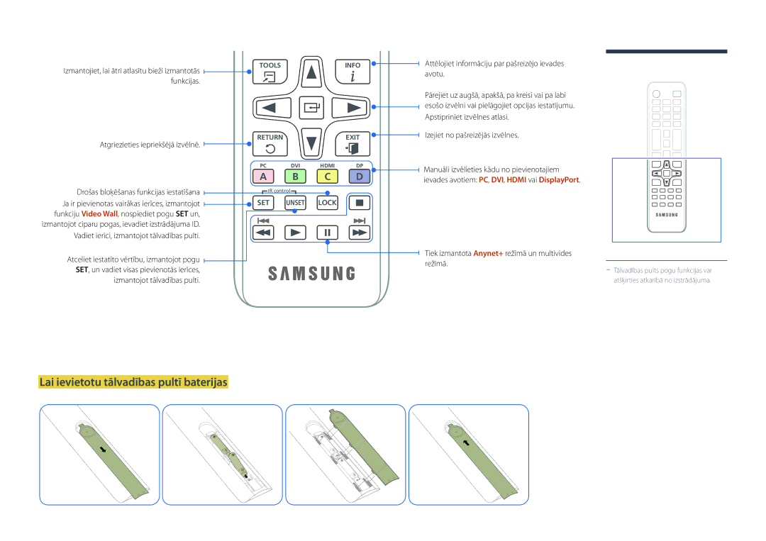 Samsung LH75DMDPLGC/EN, LH40DMDPLGC/EN manual Lai ievietotu tālvadības pultī baterijas, Atgriezieties iepriekšējā izvēlnē 