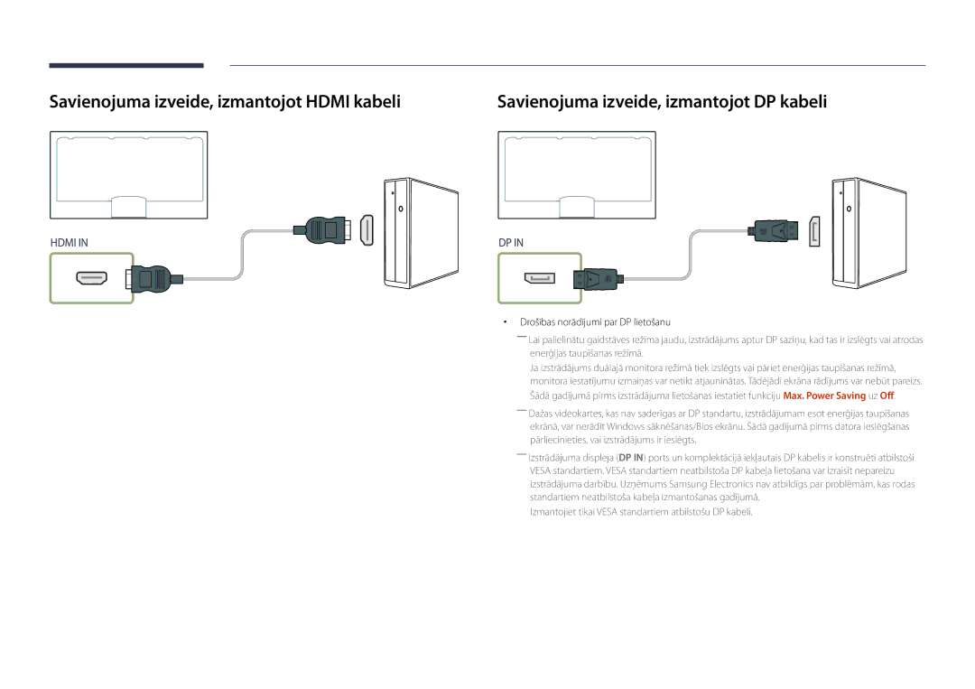 Samsung LH32DMDPLGC/EN, LH40DMDPLGC/EN Savienojuma izveide, izmantojot Hdmi kabeli, Drošības norādījumi par DP lietošanu 