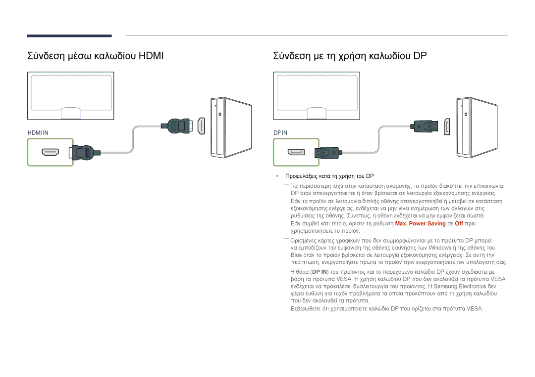 Samsung LH32DMDPLGC/EN, LH40DMDPLGC/EN, LH55DMDPLGC/EN manual Σύνδεση μέσω καλωδίου Hdmi, Σύνδεση με τη χρήση καλωδίου DP 