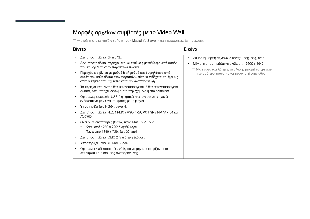 Samsung LH40DMDPLGC/EN, LH32DMDPLGC/EN, LH55DMDPLGC/EN, LH48DMDPLGC/EN manual Μορφές αρχείων συμβατές με το Video Wall, Βίντεο 