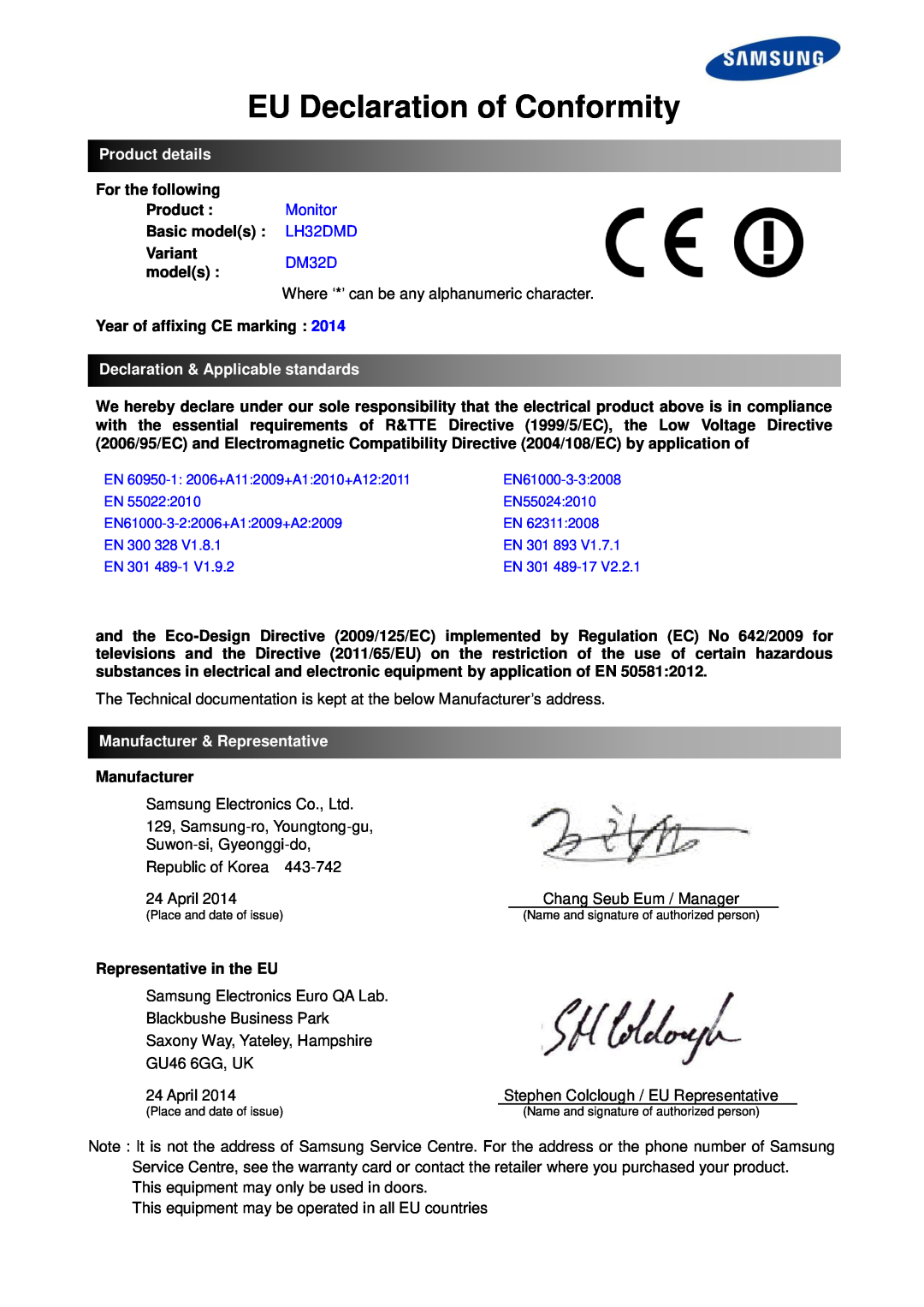 Samsung LH32DMDPLGC/EN manual EU Declaration of Conformity, Product details, Declaration & Applicable standards 