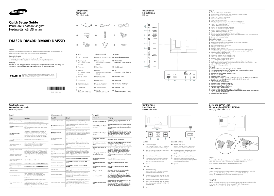 Samsung LH55DMDPLGC/EN manual DM32D DM40D DM48D DM55D, Quick Setup Guide, Panduan Penataan Singkat Hướng dẫn cài đặt nhanh 