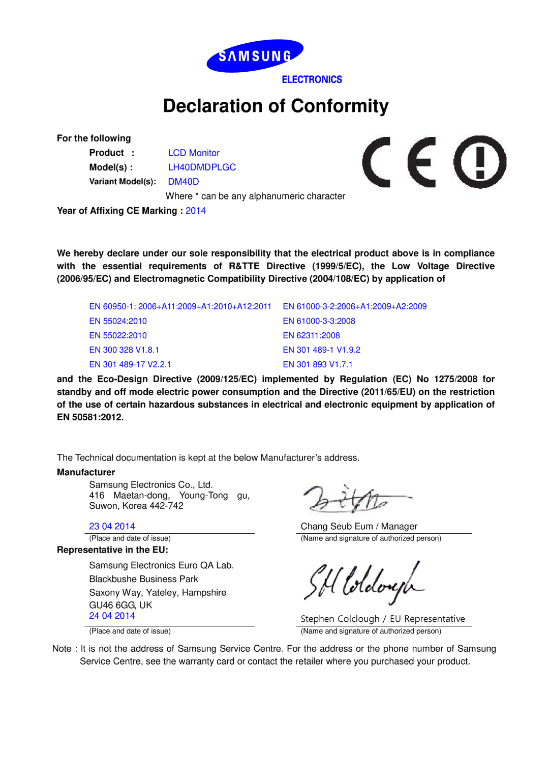 Samsung LH55DMDPLGC/EN, LH40DMDPLGC/EN, LH48DMDPLGC/EN, LH40DMDPLGK/EN manual Declaration of Conformity, DM40D 