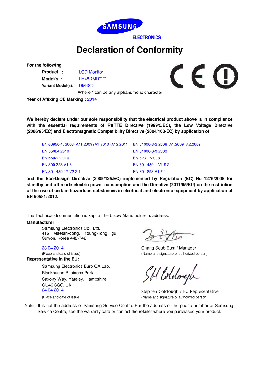 Samsung LH55DMDPLGC/EN, LH40DMDPLGC/EN, LH48DMDPLGC/EN, LH40DMDPLGK/EN manual Declaration of Conformity, DM48D 