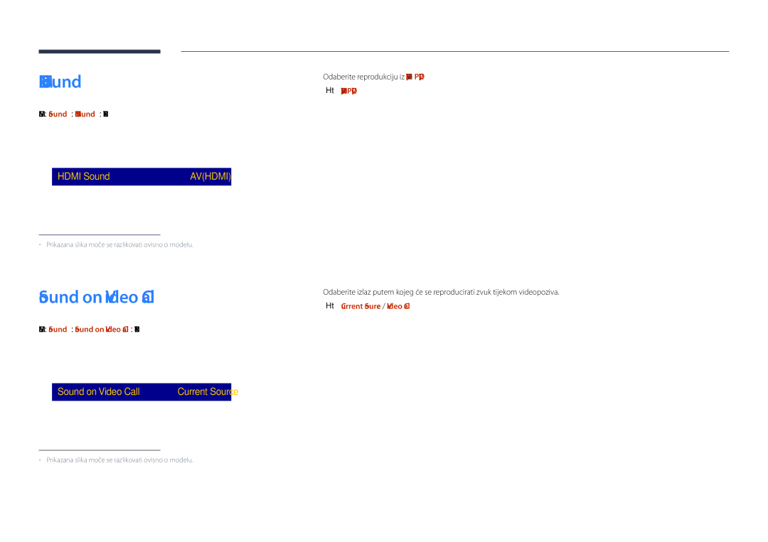 Samsung LH75DMDPLGC/EN manual Sound on Video Call, Menu m → Sound → Hdmi Sound → Enter E, Current Source / Video Call 