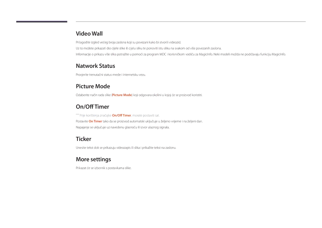 Samsung LH75DMDPLGC/EN, LH40DMDPLGC/EN, LH55DMDPLGC/EN Natwork Status, Picture Mode, On/Off Timer, Ticker, More settings 