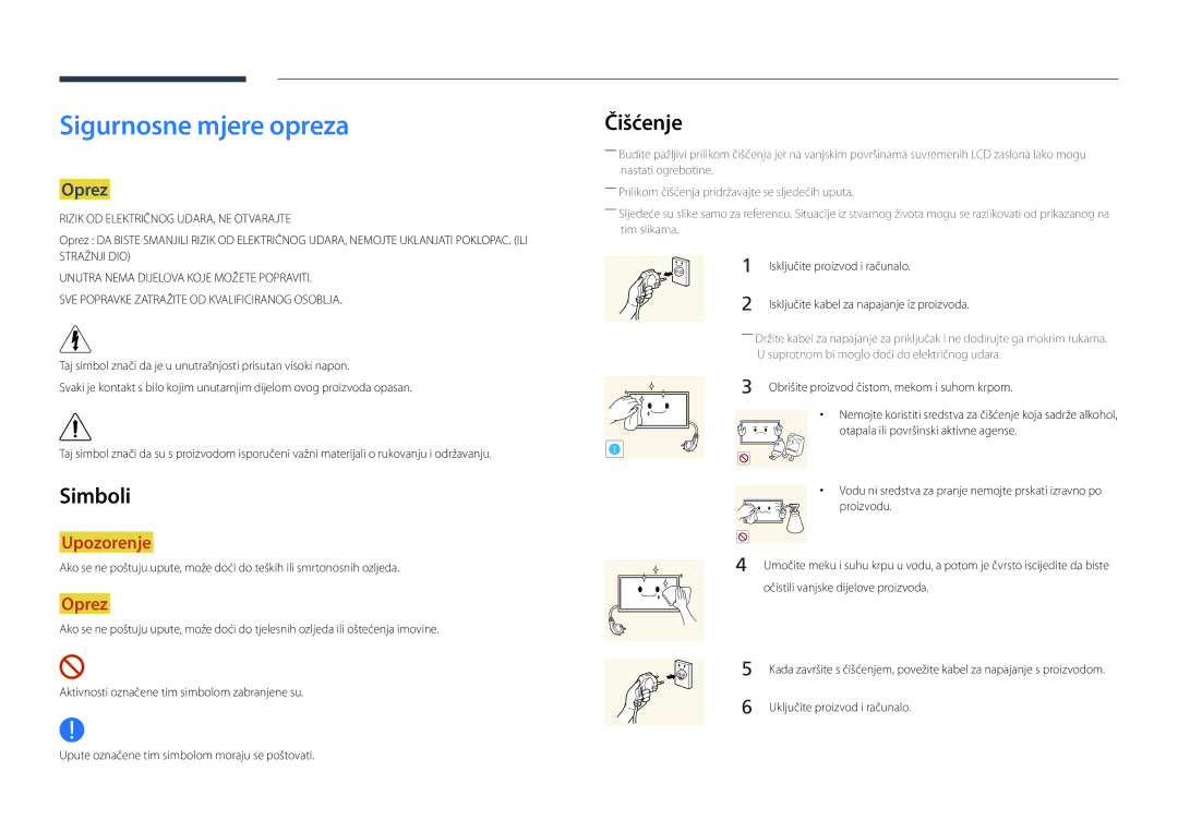 Samsung LH55DMDPLGC/EN, LH40DMDPLGC/EN Sigurnosne mjere opreza, Čišćenje, Simboli, Oprez, Isključite proizvod i računalo 