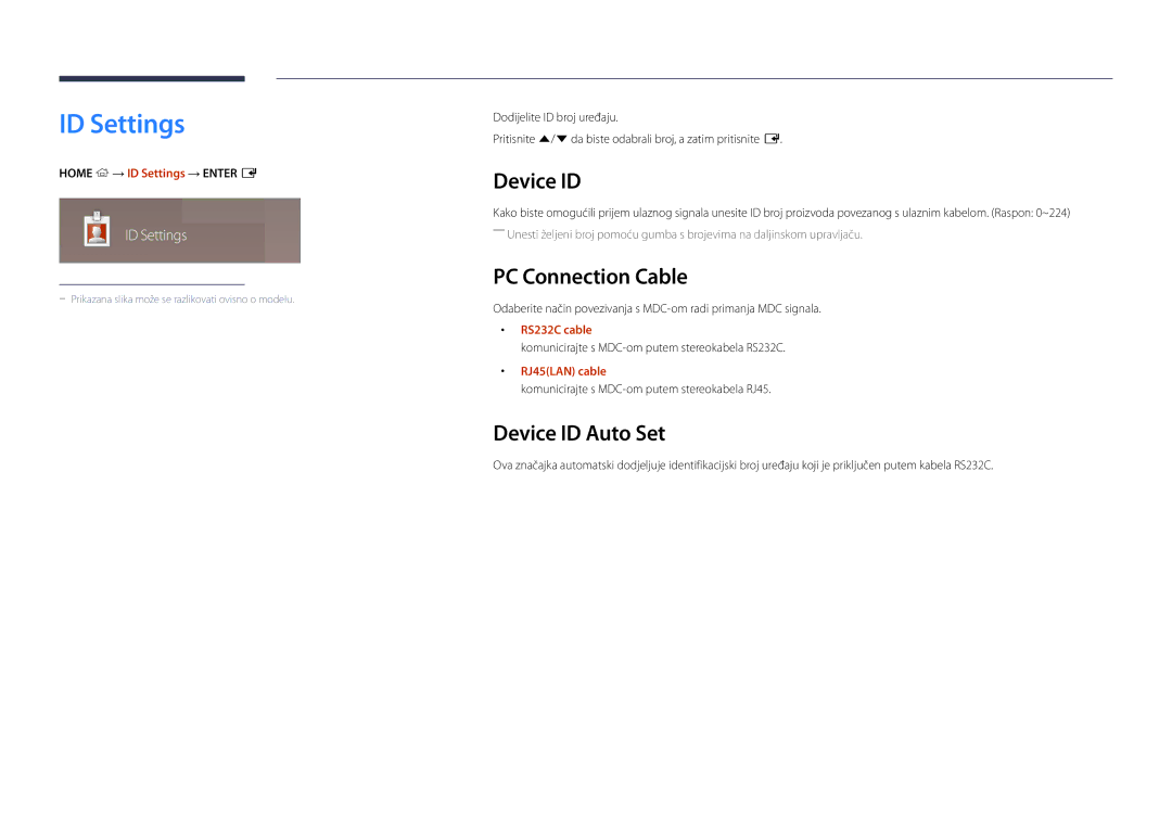 Samsung LH55DMDPLGC/EN, LH40DMDPLGC/EN, LH48DMDPLGC/EN manual ID Settings, PC Connection Cable, Device ID Auto Set 