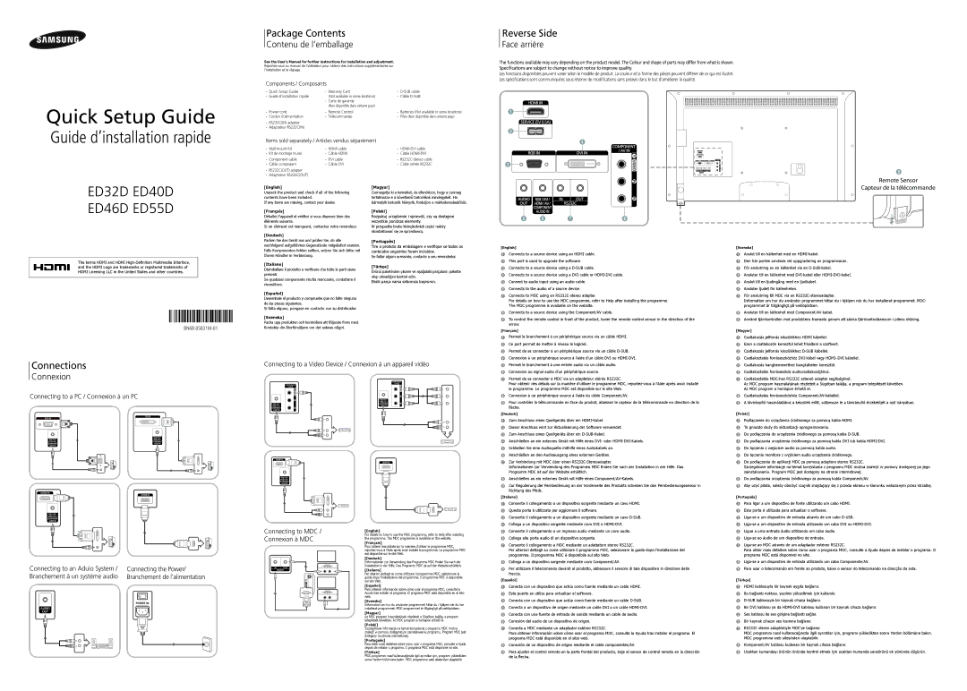 Samsung LH55EDDPLGC/EN, LH40EDDPLGC/EN, LH46EDDPLGC/EN, LH32EDDPLGC/EN manual Package Contents, Reverse Side, Connections 