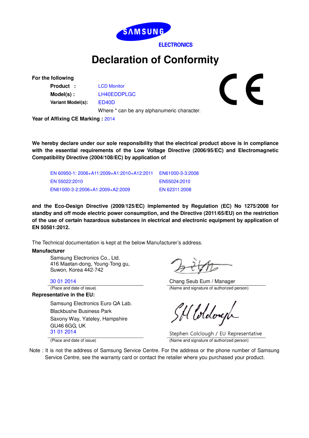 Samsung LH55EDDPLGC/EN, LH40EDDPLGC/EN, LH46EDDPLGC/EN, LH32EDDPLGC/EN manual Declaration of Conformity, ED40D 