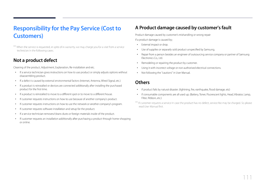 Samsung LH32EDDPLGC/EN manual Responsibility for the Pay Service Cost to Customers, 111, Not a product defect, Others 