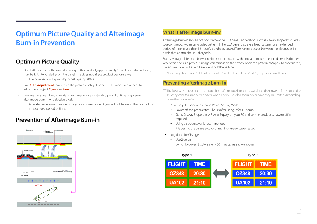 Samsung LH40EDDPLGC/EN Optimum Picture Quality and Afterimage Burn-in Prevention, 112, Prevention of Afterimage Burn-in 