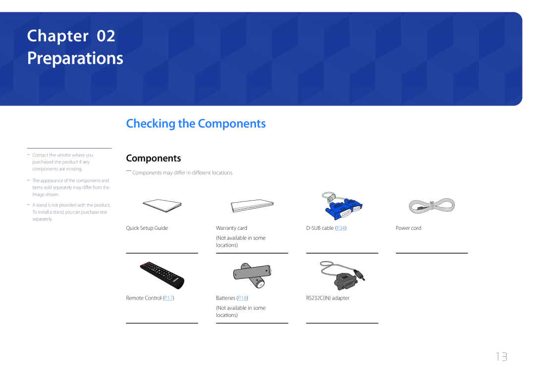 Samsung LH55EDDPLGC/EN manual Preparations, Checking the Components, Quick Setup Guide Warranty card SUB cable P.34 