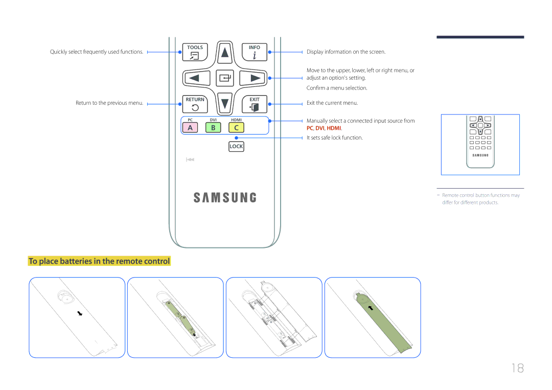 Samsung LH46EDDPLGC/EN, LH40EDDPLGC/EN To place batteries in the remote control, Quickly select frequently used functions 