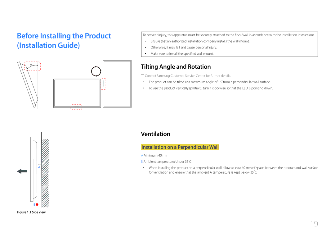 Samsung LH32EDDPLGC/EN, LH40EDDPLGC/EN manual Tilting Angle and Rotation, Ventilation, Installation on a Perpendicular Wall 