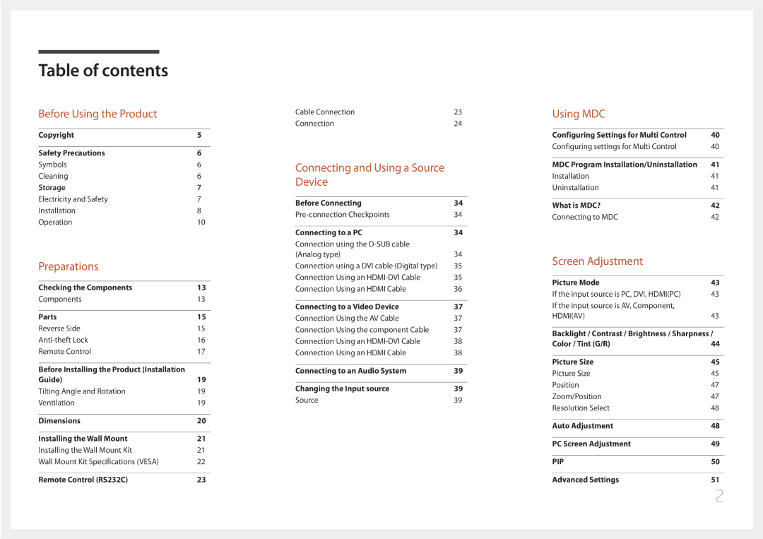 Samsung LH46EDDPLGC/EN, LH40EDDPLGC/EN, LH55EDDPLGC/EN, LH32EDDPLGC/EN manual Table of contents 