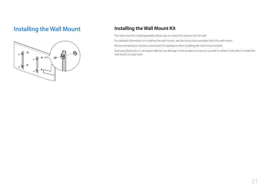 Samsung LH55EDDPLGC/EN, LH40EDDPLGC/EN, LH46EDDPLGC/EN, LH32EDDPLGC/EN manual Installing the Wall Mount Kit 