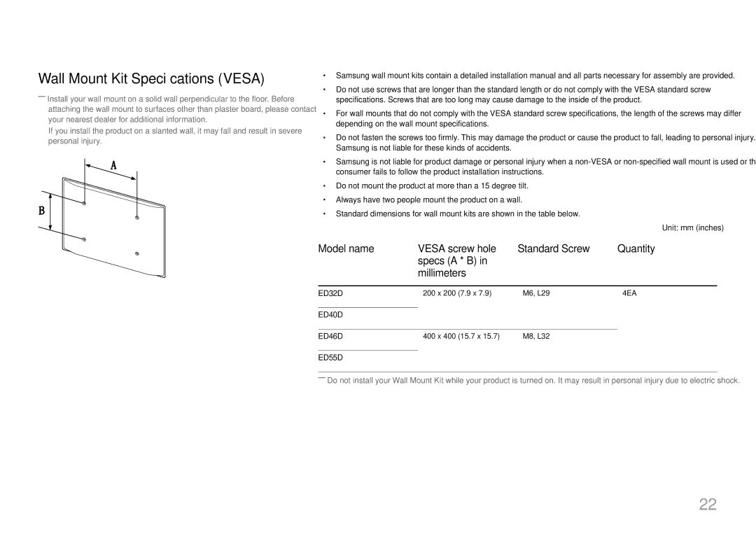 Samsung LH46EDDPLGC/EN, LH40EDDPLGC/EN, LH55EDDPLGC/EN, LH32EDDPLGC/EN manual Wall Mount Kit Specifications Vesa 