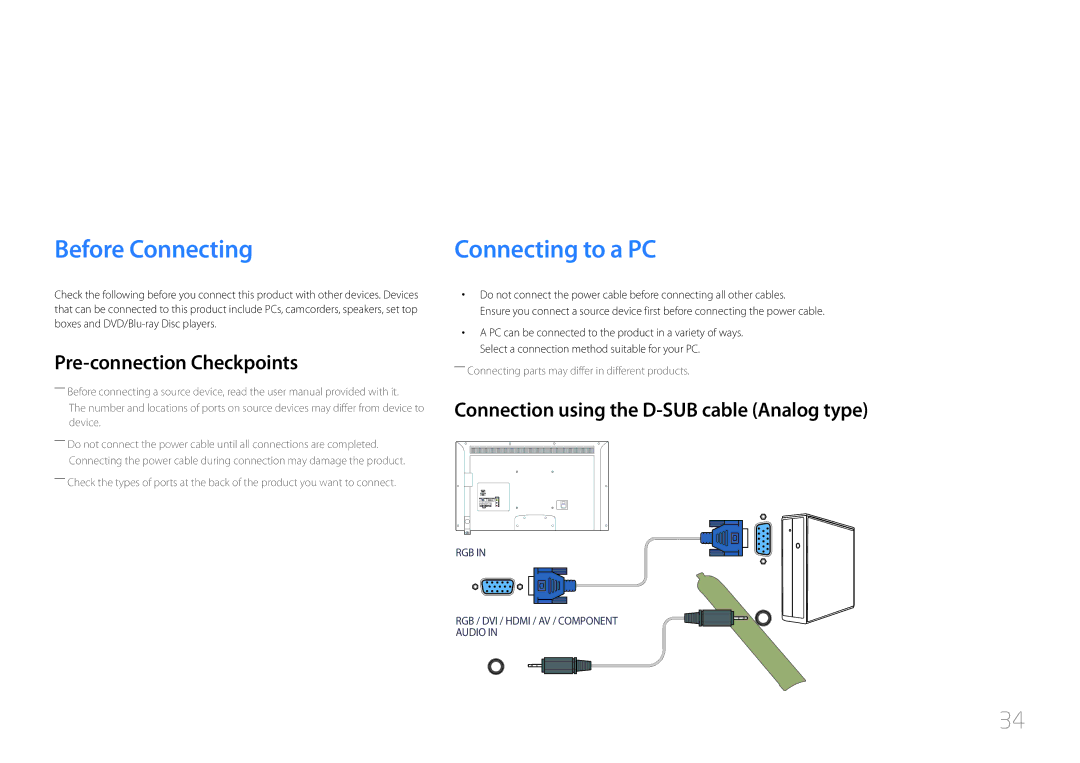 Samsung LH46EDDPLGC/EN, LH40EDDPLGC/EN manual Connecting and Using a Source Device, Before Connecting, Connecting to a PC 