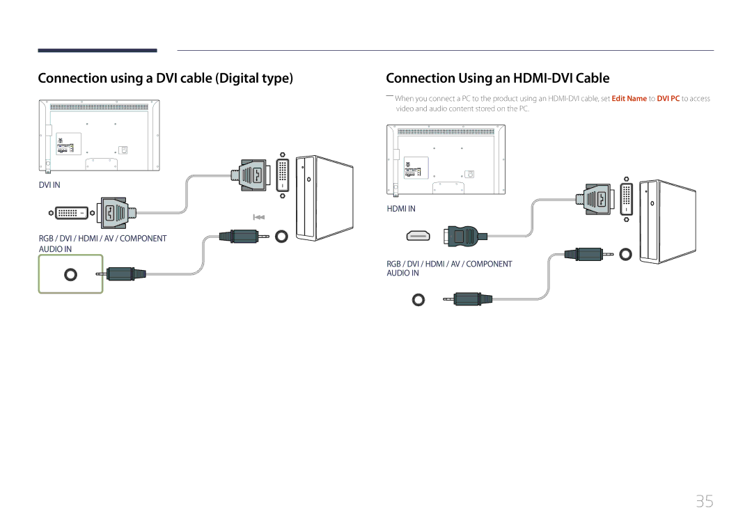 Samsung LH32EDDPLGC/EN, LH40EDDPLGC/EN manual Connection using a DVI cable Digital type, Connection Using an HDMI-DVI Cable 