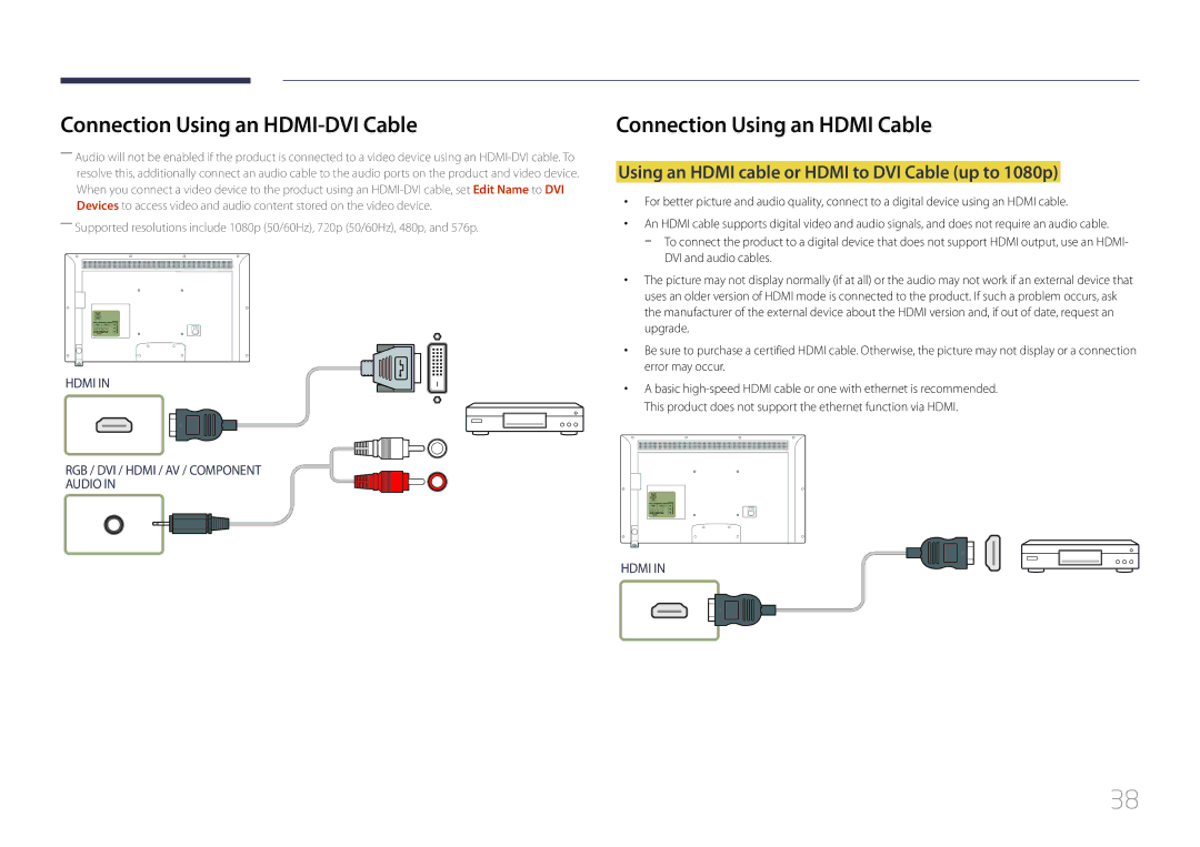 Samsung LH46EDDPLGC/EN manual Connection Using an HDMI-DVI Cable, Using an Hdmi cable or Hdmi to DVI Cable up to 1080p 