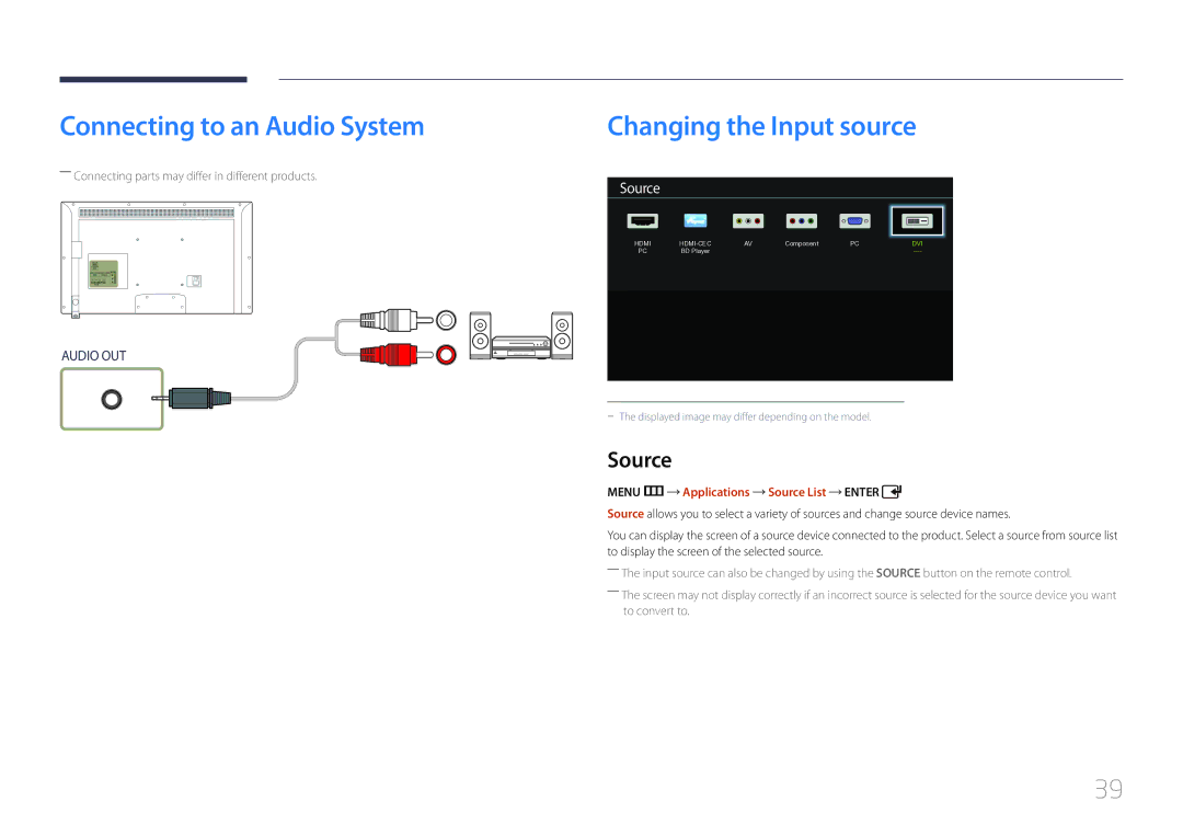 Samsung LH32EDDPLGC/EN, LH40EDDPLGC/EN manual Connecting to an Audio System, Menu m Applications Source List Enter 