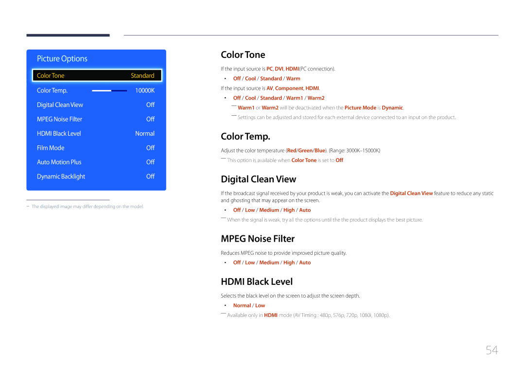 Samsung LH46EDDPLGC/EN, LH40EDDPLGC/EN Color Tone, Color Temp, Digital Clean View, Mpeg Noise Filter, Hdmi Black Level 