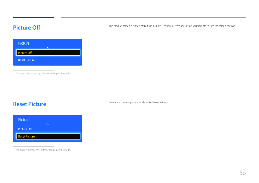 Samsung LH40EDDPLGC/EN, LH55EDDPLGC/EN, LH46EDDPLGC/EN, LH32EDDPLGC/EN manual Picture Off, Reset Picture 